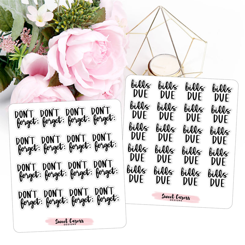 Don't Forget & Bills Due Lettering Planner Stickers - Mini Sheet